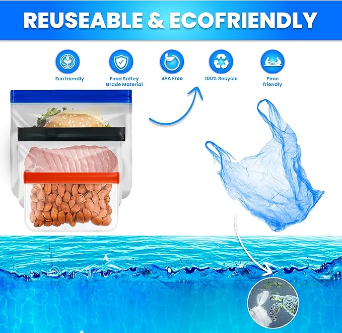 Reusable Food Storage Bags for Meal Prep, Freezer & Lunch – 18-Pack (5 Small, 8 Medium, 5 Large) Extra Thick BPA-Free Ziplock Bags – Leakproof, Dishwasher Safe, Microwave & Freezer Friendly