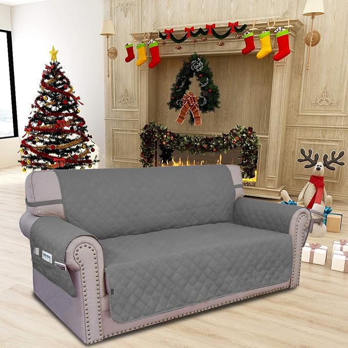 Easy-Going Sofa Slipcover Loveseat Cover Waterproof Couch Cover Washable Sofa Cover for 2 Cushion Couch Non-Slip Fabric Furniture Protector with Pocket for Pets Kids Dog Cat (Loveseat, Grey, Medium)