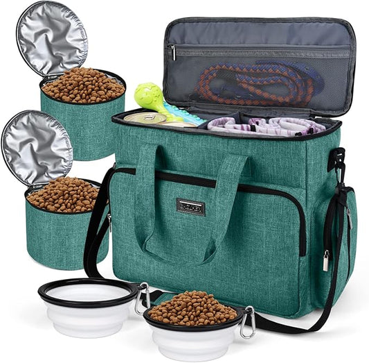 BAGLHER Dog Travel Bag, Airline Approved Pet Tote Organizer with Multi-Function Pockets, 2 X Food Storage Containers and 2 X Collapsible Bowls, Perfect Weekend Pet Travel Set for Dog, Cat Green