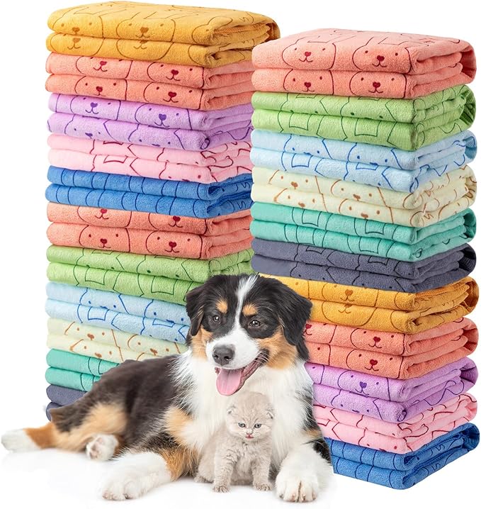 Tatuo 22 Pcs Dog Towels for Drying 20 x 40 Inch Pet Bath Towels Absorbent Microfiber Towel Quick Drying Puppy Bathing Supplies for Small Medium Large Dog Puppy Cat(Colorful,Rabbit Pattern)