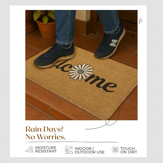 COCONIQ Coir Door Mats 17" X 30", Non-Slip Sturdy, PVC Backed Heavy Duty, Easy to Clean, Ideal for Door Entrance, Patio, Porch, Backyard, Garages, Welcome with Blue Daisy