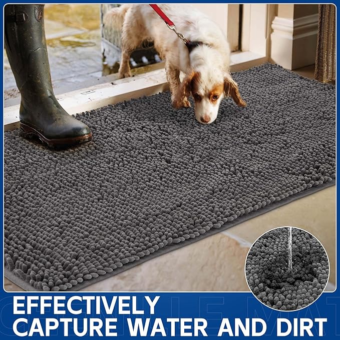 Chenille Absorbent Front Door Mat 48" x 36", Dog Door Mat for Muddy Paws, Trap Dirt Doormat, Mud Mat for Dogs, Washable Non Slip Outdoor Indoor Doormats for Entryway, Grey