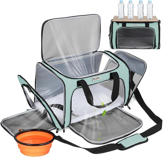Pet Carrier for Cats & Small Dogs, Travel Carrier with Anti-Collapse Support, Chew Resistant Buckles, Luggage Sleeve, Multi-Pocket Storage, Reversible Mat & Bowl (Green, Medium (17.5"x11"x11.5"))