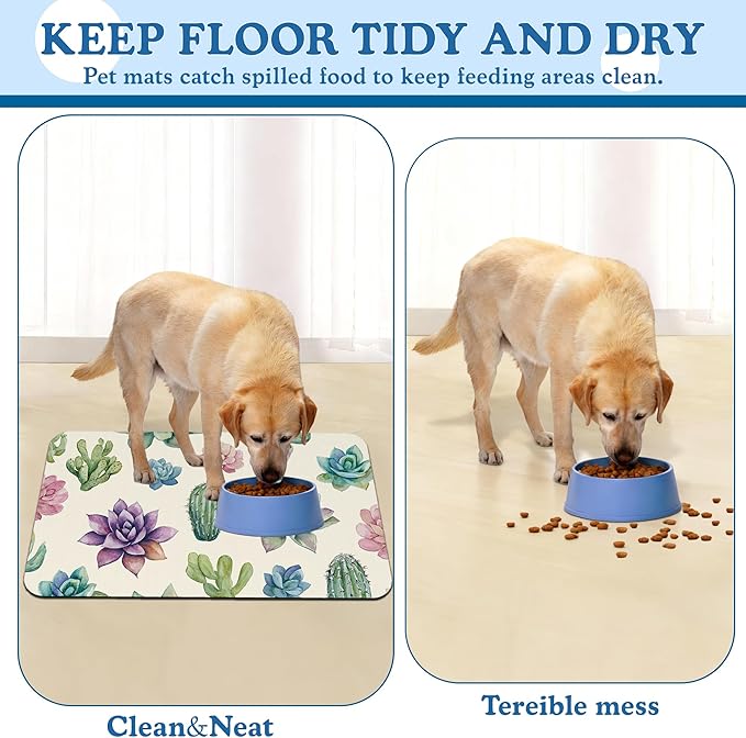 Cactus Flower Pet Feeding Mat for Floors–Absorbent Quick Dry Dog Cat Bowl Mat for Food and Water, Non Slip Waterproof Base, Mess-Free Feeding Accessories 12"x20"
