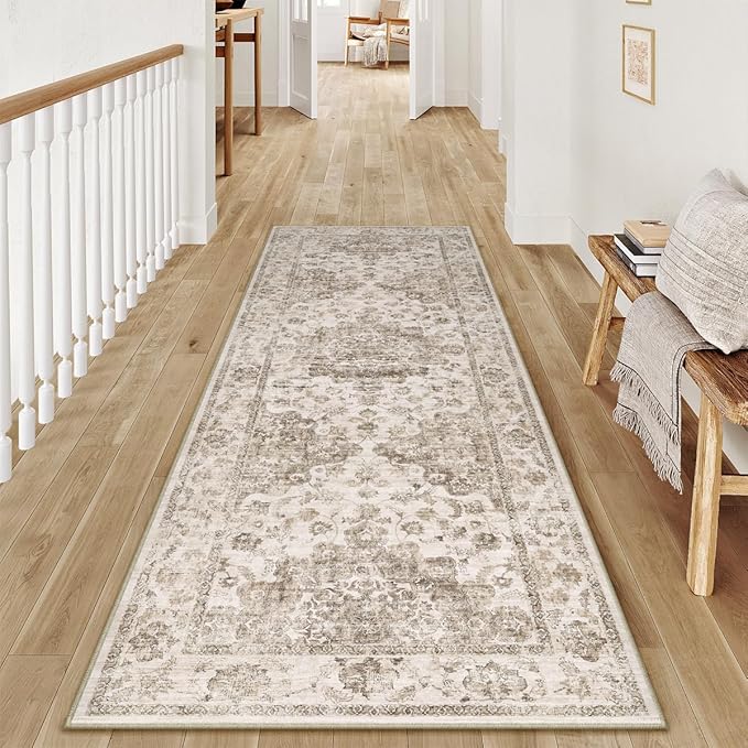 2x6 Washable Neutral Runner Rug Brown Vintage Hallway Kitchen Carpet Non-Slip Soft Low Pile Farmhouse Throw Rug for Bedroom Bathroom Laundry Living Room