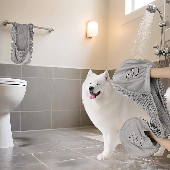4-in-1 Dog Bath Towel & Grooming Kit, 30 × 12.6 in Ultra Absorbent Microfiber Dog Bath Towel with Hand Pockets, Silicone Bath Gloves, Finger Toothbrush, and Handheld Deshedding Brush for Dogs & Cats