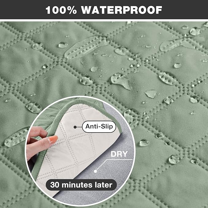 TAOCOCO 100% Waterproof Recliner Couch Covers, Recliner Sofa Covers with Leg Straps, 1-Piece Washable Reclining Sofa Cover with Pocket Couch Protector for Pets Kids(2 Seater, Sage Green)