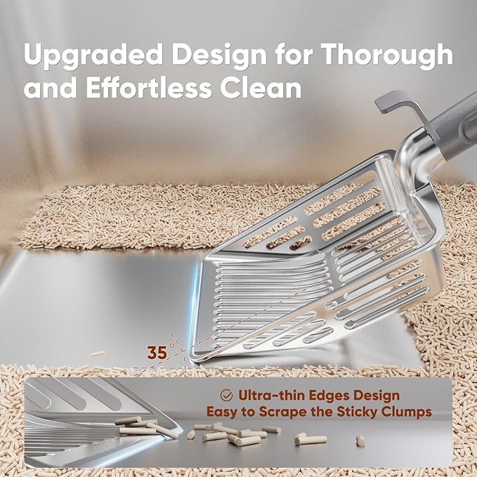 KooMooM Metal Cat Litter Scoop, Large Cat Scooper with Deep Shovel & Dual Sifting Holes for Fast & Precise Sifting, Space Aluminum Kitty Litter Scooper with Long Handle & Easy-to-Hang Hook - Grey