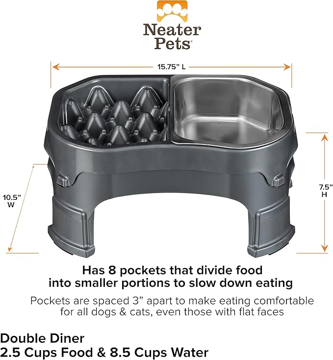 Neater Pet Brands – Neater Raised Slow Feeder Dog Bowl – Elevated and Adjustable Food Height - (Double Diner/w Metal Bowl, Gunmetal)
