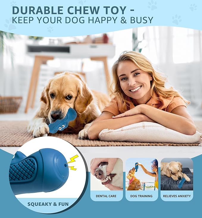 IPTPAS Durable Dog Chew Toy for Aggressive Chewers, Tough Natural Rubber Squeaky Dog Toy with Irresistible Beef Flavor, Dental Care, Teeth Cleaning & Boredom Relief for Medium & Large Dogs (Blue)