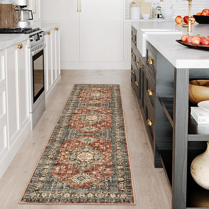 Lahome Oriental Washable Runner Rug Non Slip, 2x7 Rug Runners for Hallways Kitchen, Ultra-Thin Hallway Rugs for Laundry Room Bathroom Bedroom Eleanor, Brick Red