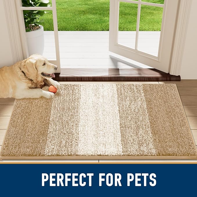 Smiry Dog Door Mat for Muddy Paws, Absorbs Moisture and Dirt, Low-Profile Entryway Mat with Non-Slip Backing, Entry Indoor Outdoor Doormat for Inside Floor (48x30 Inches, Beige, Striped)