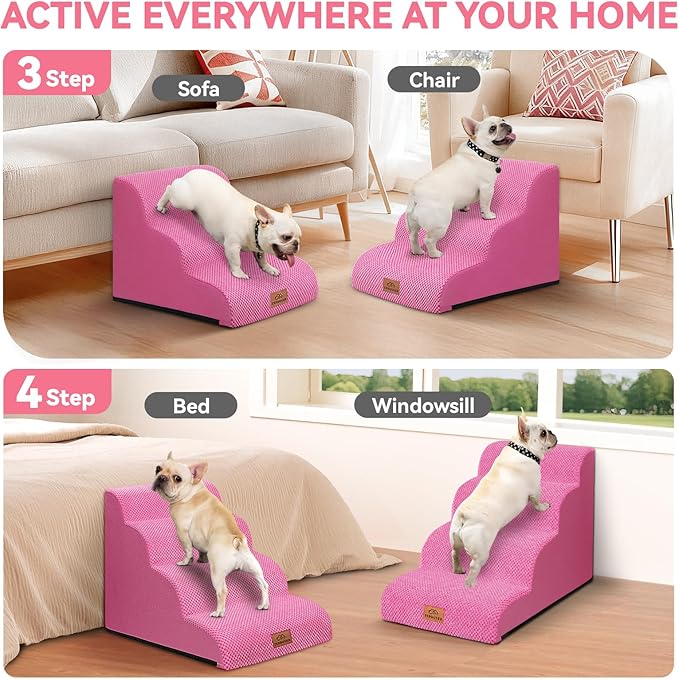 Zerbuger Dog Ramp and Stair for Bed 16" H-20 H,3-Step Cat Stair for Sofa and Chair,4-Step Dog Ramp for High Bed and Window,Durable Nonslip Fabric Cover for Indoor (Pink-20 H, Pet Friendly, 4)