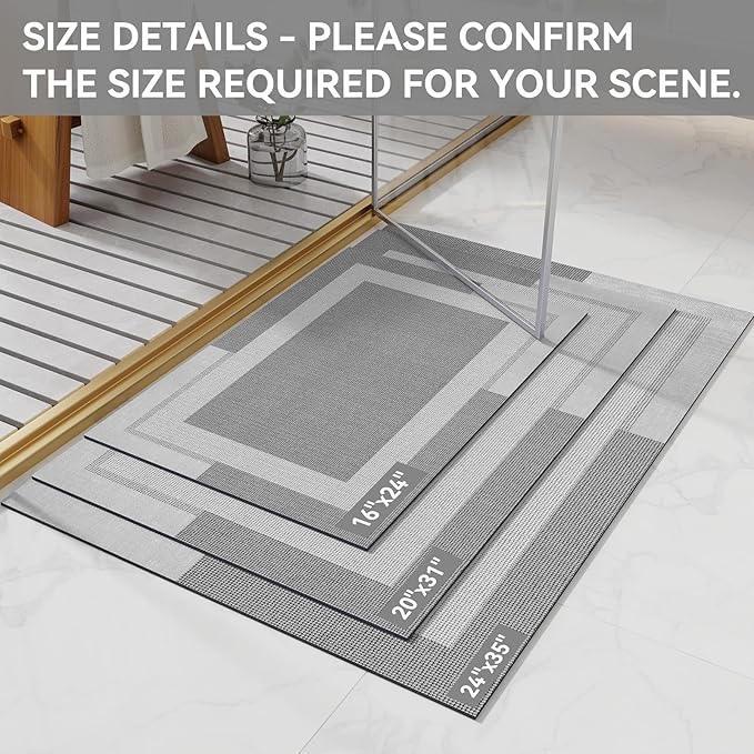 Non Slip Bath Mat, Rubber Backing Ultra Thin Bathroom Rugs Fit Under Door Quick Dry Super Absorbent Washable Bath Rug Shower Mat for Bathroom Floor Bathtub Shower Sink, Easy Care Gray 16"x 24"
