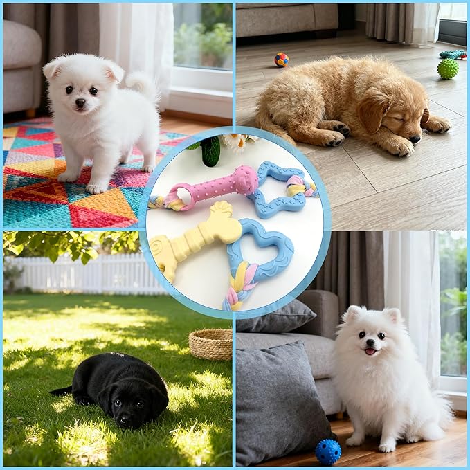 Puppy Teething Toy Set, 4 PCS Soft Rubber Dog Chew Toys with Cotton Ropes Puppy Chew Toys for Oral Teeth Soothe Itching (3 Colors)