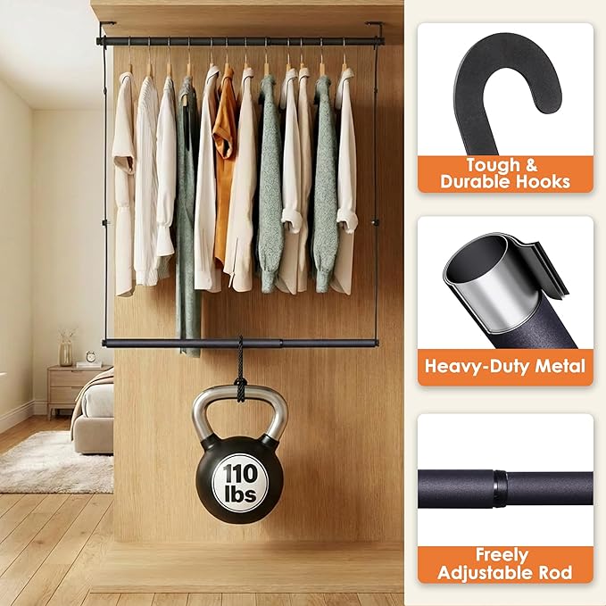 Stepless Extender Closet Hanging Rod - Heavy Duty Closet Rods for Hanging Clothes, Adjustable Width & Height, Space-Saving Matte Black Closet Organizer for Hanging & Drying, Easy to Install