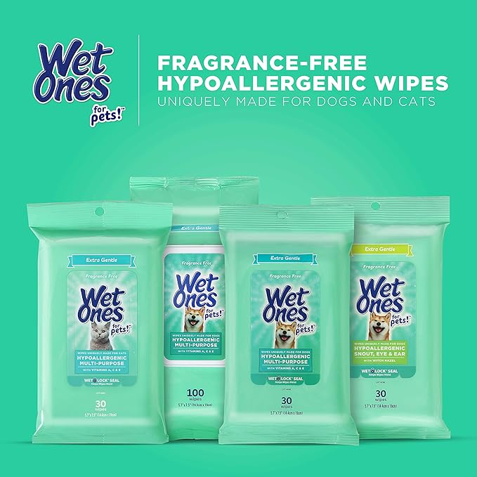 Wet Ones for Pets Multi-Purpose Dog Wipes With Vitamins A, C & E | Fragrance-Free Dog Wipes For All Dogs Wet Ones Wipes with Wet Lock Seal | 30 Count Pouch - 8 Pack