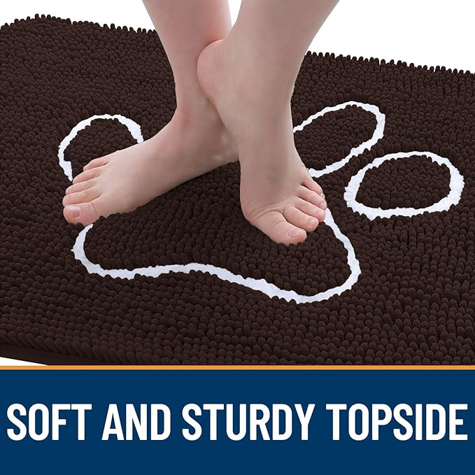 OLANLY Dog Door Mat for Muddy Paws 40x32, Paw Print Design, Absorbs Moisture and Dirt, Absorbent Non-Slip Washable Doormat, Quick Dry Chenille Mud Mat for Dogs, Entry Indoor Entryway Carpet, Brown