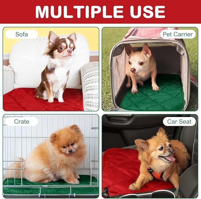 2 Pack Self Heating Cat Mat Self Warming Pet Pads Washable Kennel Mat Dog Crate Pad Reflects Body Heat Non Skid Cat Thermal Pads for Puppy Indoor Outdoor (Red, Green,16 x 20 Inches)