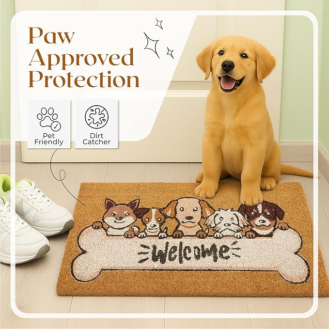 COCONIQ Coir Door Mats 17" X 30", Non-Slip Sturdy, PVC Backed Heavy Duty, Easy to Clean, Ideal for Door Entrance, Patio, Porch, Backyard, Garages, 5 Welcoming Puppies