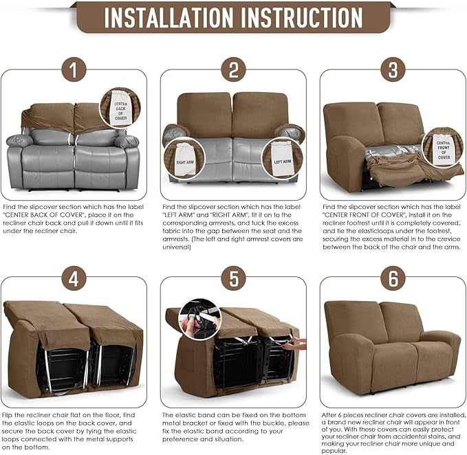 TAOCOCO Recliner Loveseat Slipcover, 6 Pieces Dual Recliner Sofa Covers for 2 Seat Dual Reclining Loveseat Couch, Stretch Soft Jacquard Pattern Furniture Protector with Elasticity (Khaki)