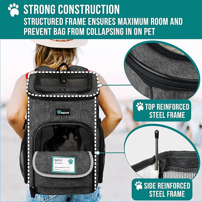 PetAmi Dog Backpack Carrier, Airline Approved 4-Way Entry Cat Backpack Carrier, Ventilated Mesh, Collapsible Pet Carrier for Small Puppy, Kitten, Hiking, Travel Car, Vet, up to 18 lbs, Charcoal Gray