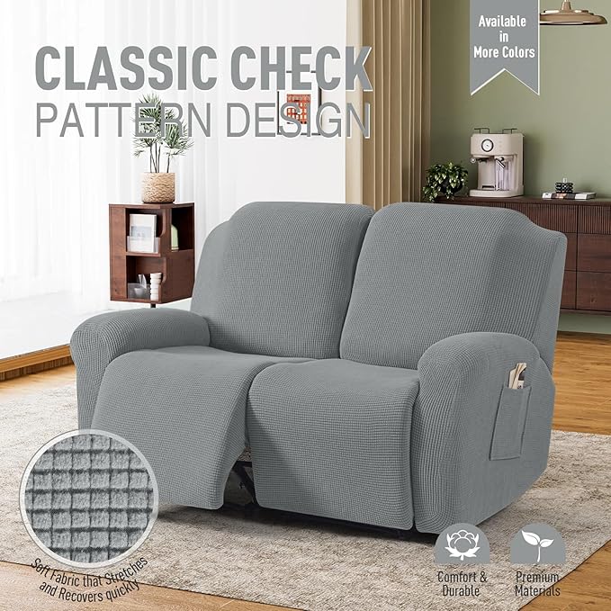 TAOCOCO Recliner Loveseat Slipcover, 6 Pieces Dual Recliner Sofa Covers for 2 Seat Dual Reclining Loveseat Couch, Stretch Soft Jacquard Pattern Furniture Protector with Elasticity (Dusty Grey)