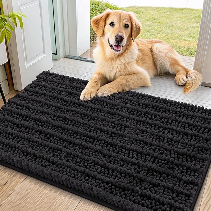 Smiry Dog Door Mat for Muddy Paws 36x24, Extra Soft Absorbent Chenille Doormat, Trap Moisture and Dirt, Non-Slip Machine Washable Front Door Mat for Indoor Entrance Inside Floor, Black