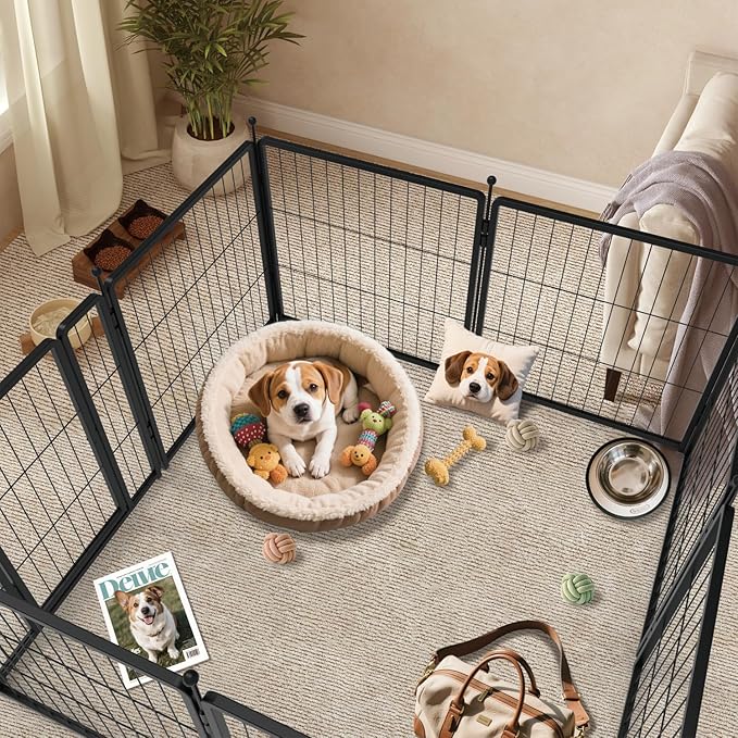 Dog Playpen 42 inch 12 Panels for Indoor & Outdoor Use – Heavy-Duty Metal Pet Fence with Ground Stakes, Rounded Ball Tops for Safety, Stable & Foldable Design, Easy to Assemble