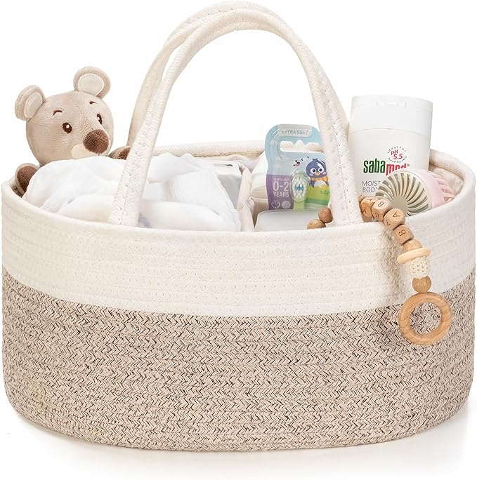 Diaper Caddy Organizer, Empty Gift Basket for Newborn Essentials, Baby Storage Basket, Stylish Gift Bag for Baby Shower, Boys and Girls - Small, White&Beige Brown
