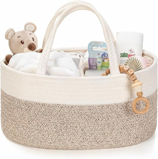 Diaper Caddy Organizer, Empty Gift Basket for Newborn Essentials, Baby Storage Basket, Stylish Gift Bag for Baby Shower, Boys and Girls - Small, White&Beige Brown