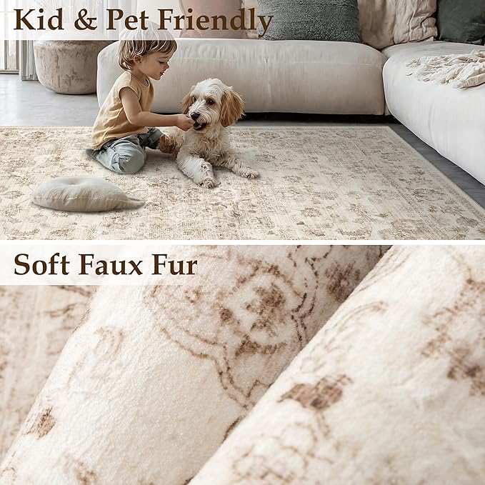 8x10 Washable Neutral Area Rug Beige Vintage Living Room Bedroom Carpet Non-Slip Medium Pile Thicker Floral Indoor Large Throw Rug for Dining Room Office