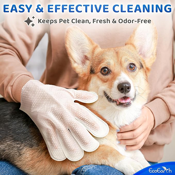 Premium Pet Wipes for Dogs & Cats - 12 Pcs - Disposable Washing Gloves for Bath & Grooming - Clean & Dry Paws, Fur, Face, Ears, Butt & Body - Hypoallergenic, Lick-Safe & Waterless Cleaning Gloves