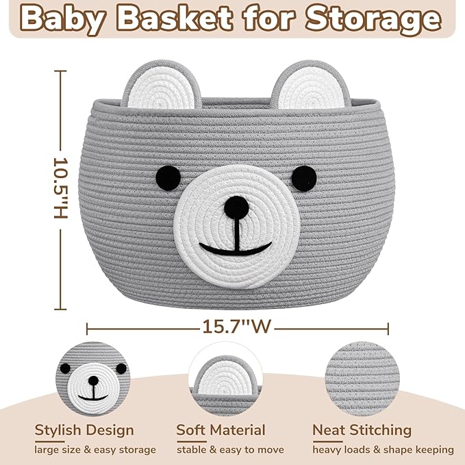 CherryNow Baby Basket for Nursery, Baby Boy Gift Baskets Empty, Decorative Woven Basket for Toys Organizer Living Room, Light Gray, 15.7"D x 10.5"H