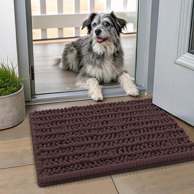 Smiry Dog Door Mat for Muddy Paws 24x16, Extra Soft Absorbent Chenille Doormat, Trap Moisture and Dirt, Non-Slip Machine Washable Front Door Mat for Indoor Entrance Inside Floor, Brown