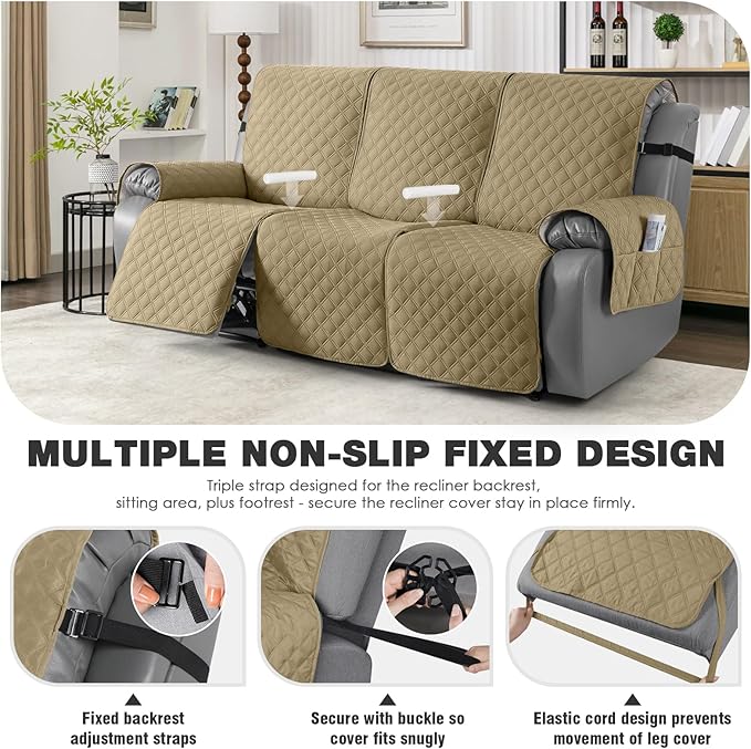 TAOCOCO 100% Waterproof Recliner Couch Covers, Recliner Sofa Covers with Leg Straps, 1-Piece Washable Reclining Sofa Cover with Pocket Couch Protector for Pets Kids(3 Seater, Camel)