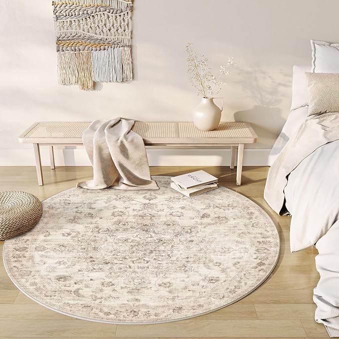 5x5 Washable Neutral Round Rug Beige Vintage Entryway Kitchen Cirlce Rug Non-Slip Soft Low Pile Farmhouse Indoor Carpet for Entrance Bathroom Dining Room