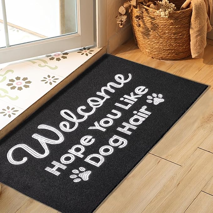 Black Indoor Doormat, Dog Hair Mat Standard Welcome Front Door Entryway Mats, Funny Door Mat, Durable Non Slip Rubber Dirt Entrance Mats, 28" x 18"