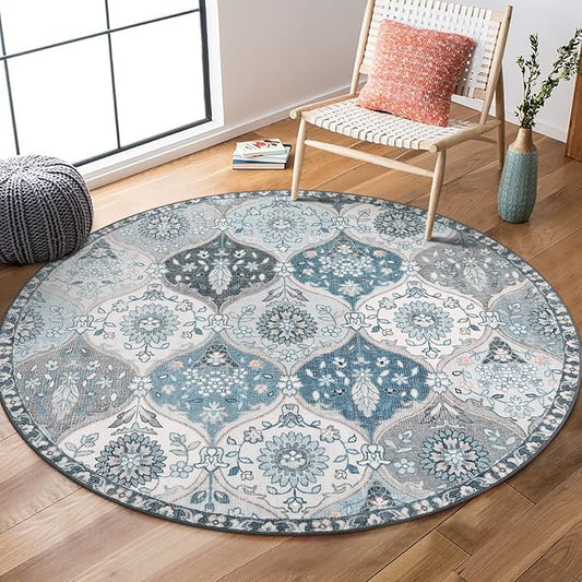 Lahome Moroccan Washable Round Rugs for Entryway, Soft Vintage Round Rug 4ft Ultra-Thin, Non-Slip Small Distressed Circle Carpet for Dining Room Bedroom Bathroom Nursery Elise, Blue