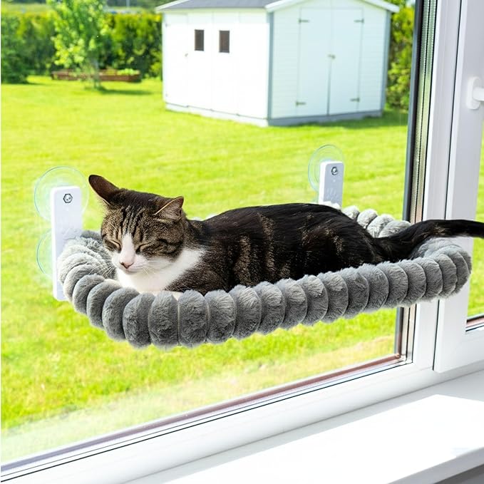 PAWRUSH Cat Window Perch — Premium Cat Window Hammock with 4 Large Suction Cups & Soft Bubble Cushion; Strong Rustproof Metal Frame Window Bed Holding 40lbs; Easy Assembly Perch for Indoor Cats; Gray