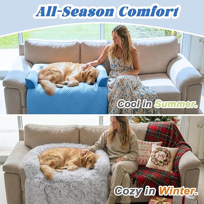 GGIB Cooling Dog Bed Mat with Bolster Pillow Washable Dog Couch Cover Breathable Summer Pet Couch Bed Protector Indoor(Small, Cooling Blue)