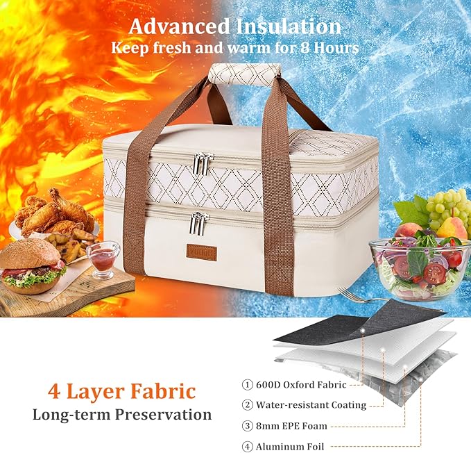 Vuudh Expandable Casserole Carrier Bag - Double Decker Food Bag, Insulated Casserole Carrier for Hot or Cold Food, Lasagna Holder Tote for Picnics,Beaches,Traveling or Gifts