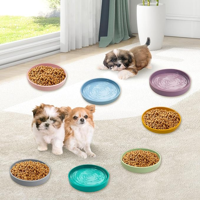 Silicone Dog Bowl Shallow Cat Food Bowls 7in Flat Puppy Plates Cute Whisker Fatigue Pet Feeding Dishes Set of 2 for Dry and Wet Food Indoor (Round Grey)