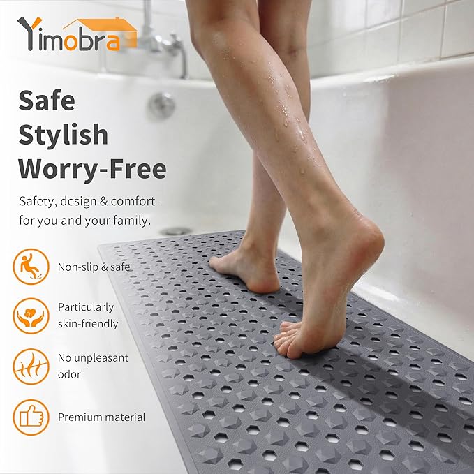 Yimobra Bath Tub Mat Non Slip, 34.5"x15.5" Long Shower Mat, Machine Washable Bathmat with Drain Holes and Suction Cups, Soft on Feet, Bathroom Essentials, Grey
