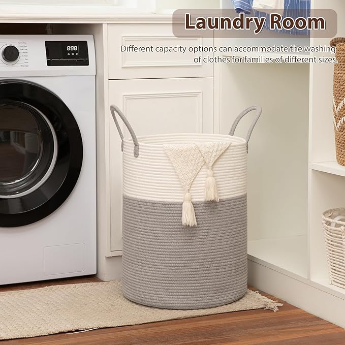 OIAHOMY Large Laundry Basket Hamper - 80L Cotton Rope Woven Basket for Blankets, Toys, Clothes - Tall Decorative Nursery Hamper with Long Handles, Grey/White