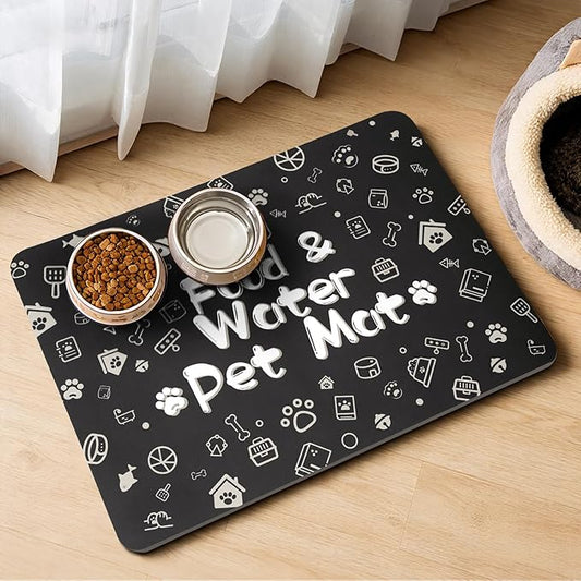 Pet Feeding Mat,Dog Cat Mat for Food and Water,Dog Bowl Waterproof Placemat with Rubber Backing,Absorbent Quick Dry Water Dispenser Mat for Pet（Black 12"×18"）