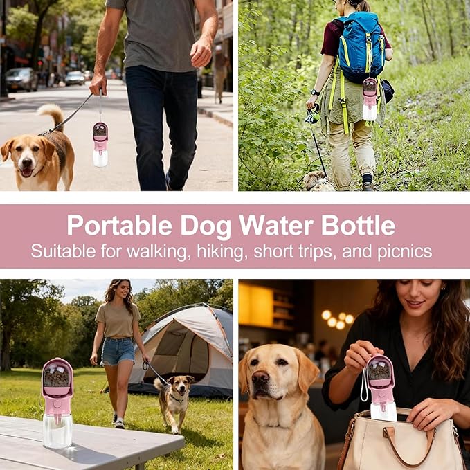 Dog Water Bottle with Food Container, Leak Proof Portable Pet Dispenser with Lock and Cleaning Brush,Dogs Stuff Water Bottle for Walking Hiking,Travel (Pink)