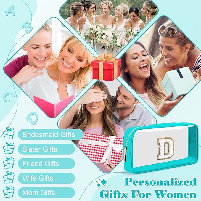 Personalized Initial Letter Clear Makeup Bag,Preppy Small Nylon&PVC Cosmetic Zipper Bag with Chenille Letter,Portable Beach Travel Skincare Toiletry Bag,Trendy Monogram Gift for Teen Girls Women,D