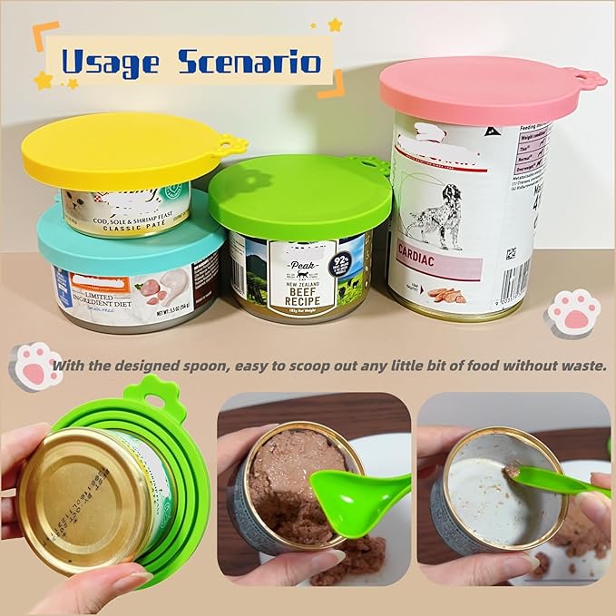 MoPawKT- Silicone Cat Dog Food Can Covers Lids, 3 Inner Diameters 2.6”/3”/3.4” Fit 3-15 oz Standard Cat Dog Food Cans/Tins, Multi-Size Canned Covers, BPA Free, Reusable(box set of 2 lids+1 spoon)