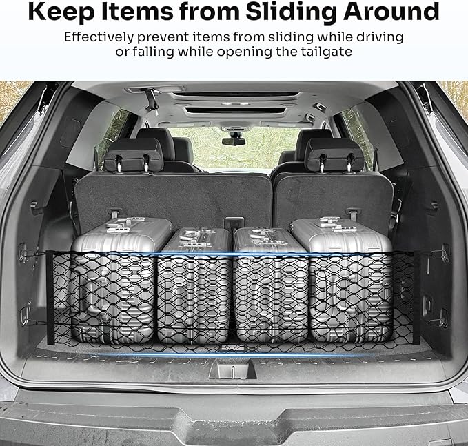 Trunk Cargo Net for 2018-2025 2026 Chevrolet/Chevy Traverse Accessories Envelope Style Mesh Trunk Net Organizer and Storage Stretchable Adjustable Elastic Nylon Rear Cargo Netting with Hooks